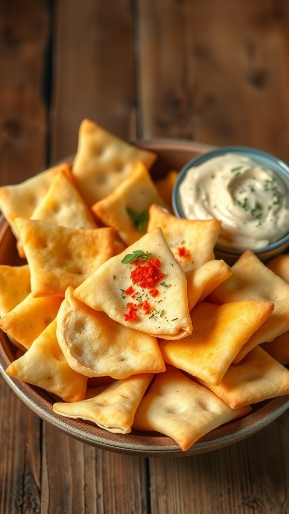 Crispy pita bread chips served with hummus, garnished with paprika and herbs on a wooden table.
